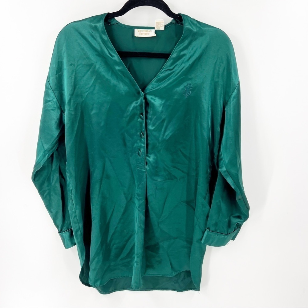 ✅ VICTORIA'S SECRET VINTAGE GOLD LABEL GREEN SILKY SLEEP SHIRT‎ SIZE SMALL